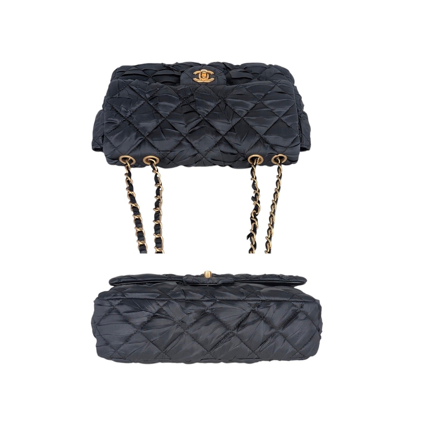 Chanel Black Satin Quilted Pleated Medium Single Flap