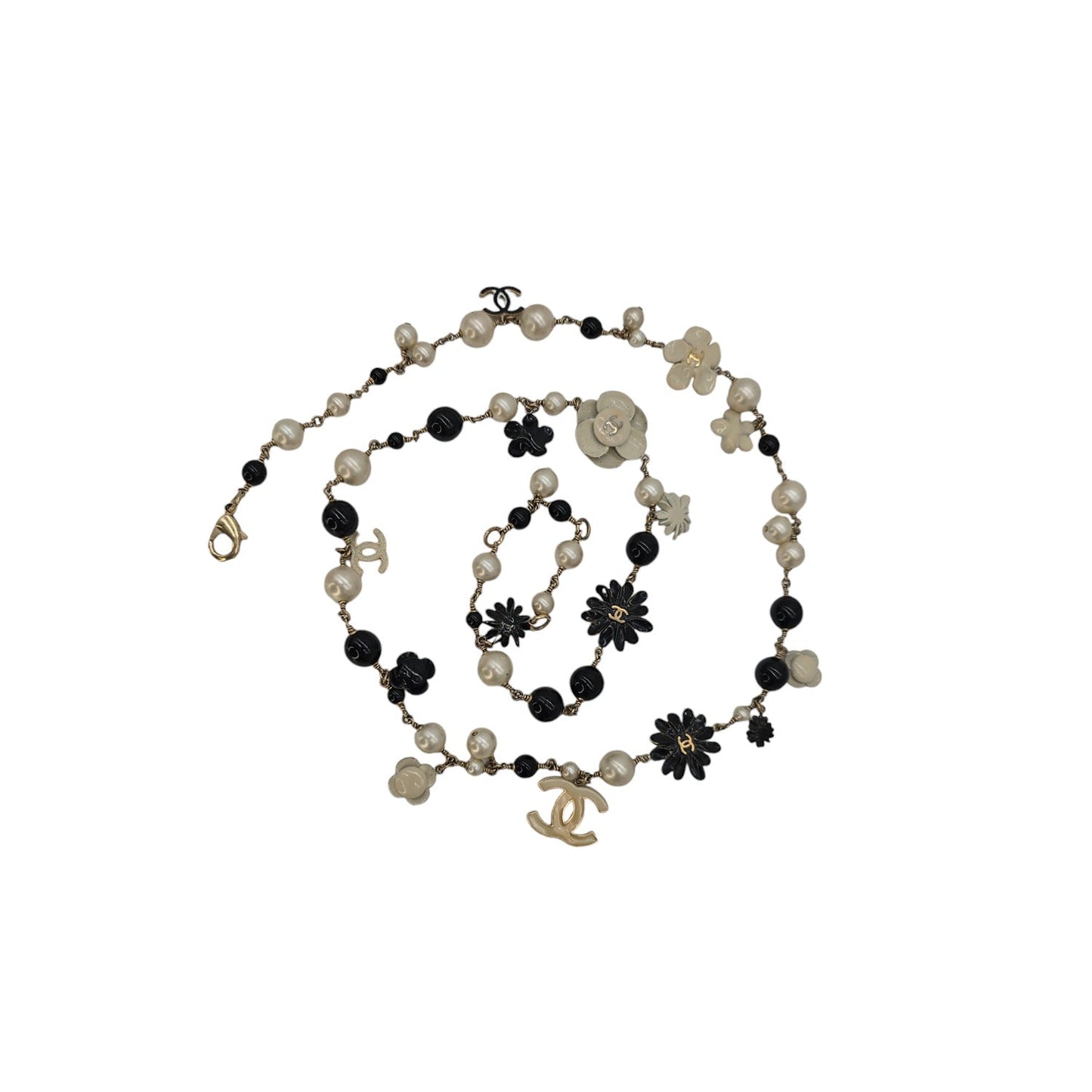 Chanel CC Camellia Black Bead Faux Pearl Long Necklace