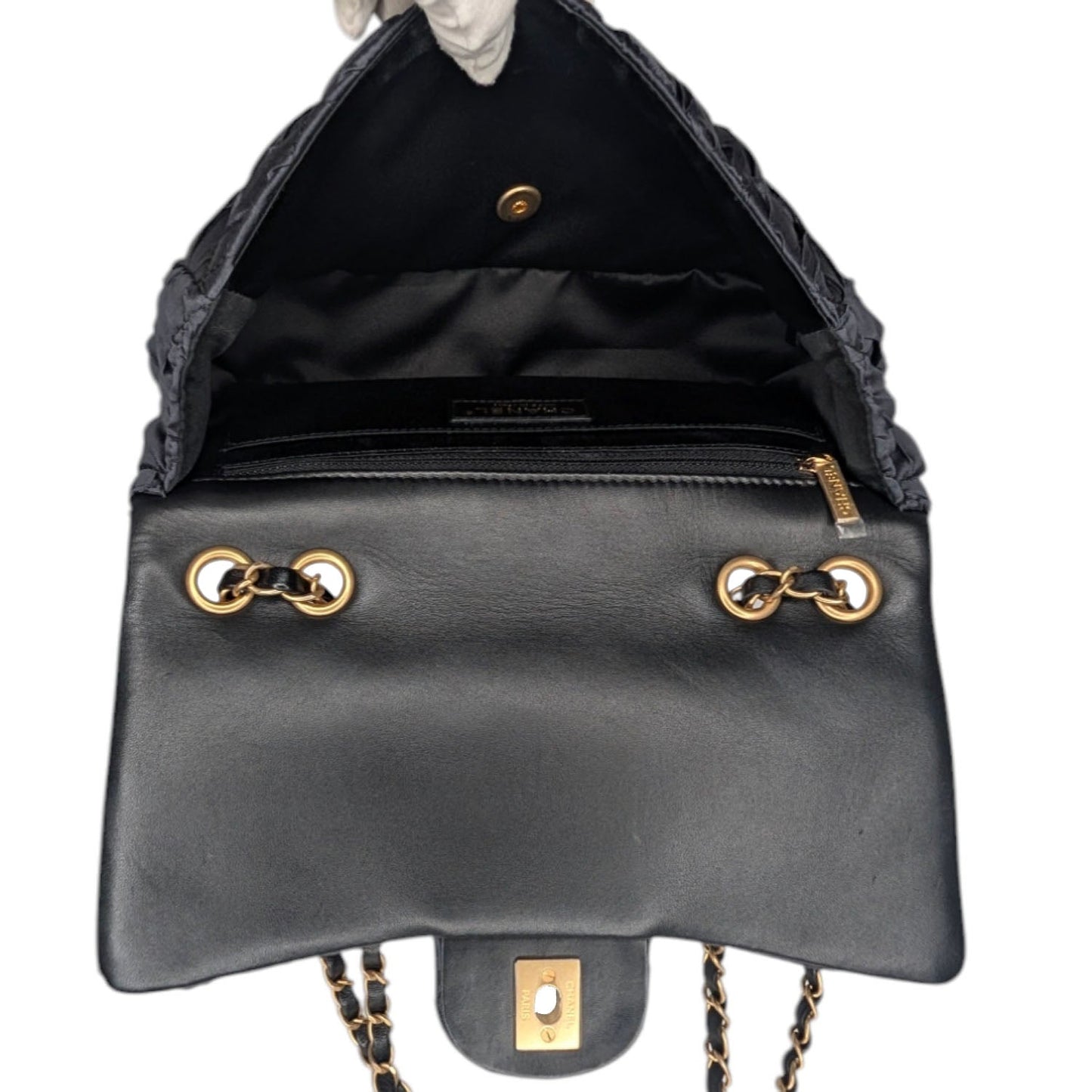 Chanel Black Satin Quilted Pleated Medium Single Flap