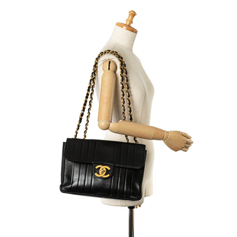 Chanel Mademoiselle Coco Mark Double Flap Chain Shoulder Bag Black Gold Lambskin