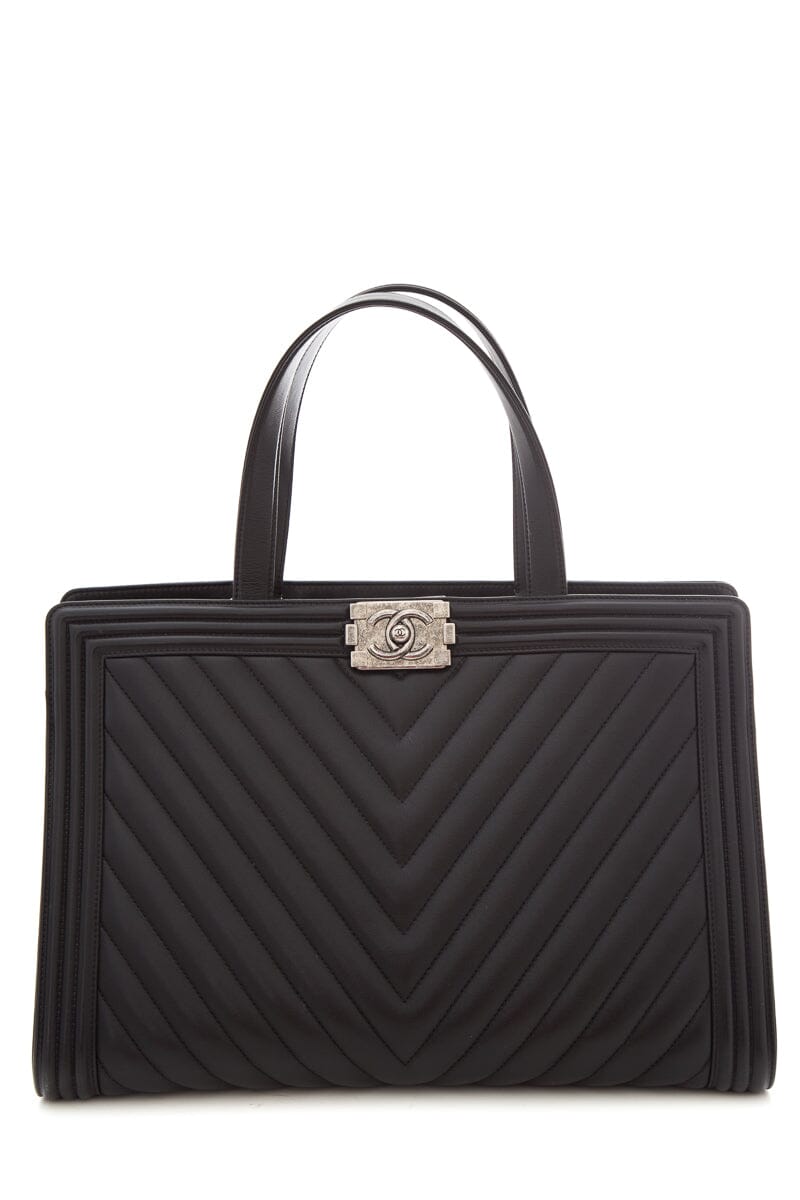 Chanel 2014/2015 "Boy Shopper" 30cm Black Chevron Leather Tote W/ Palladium HW