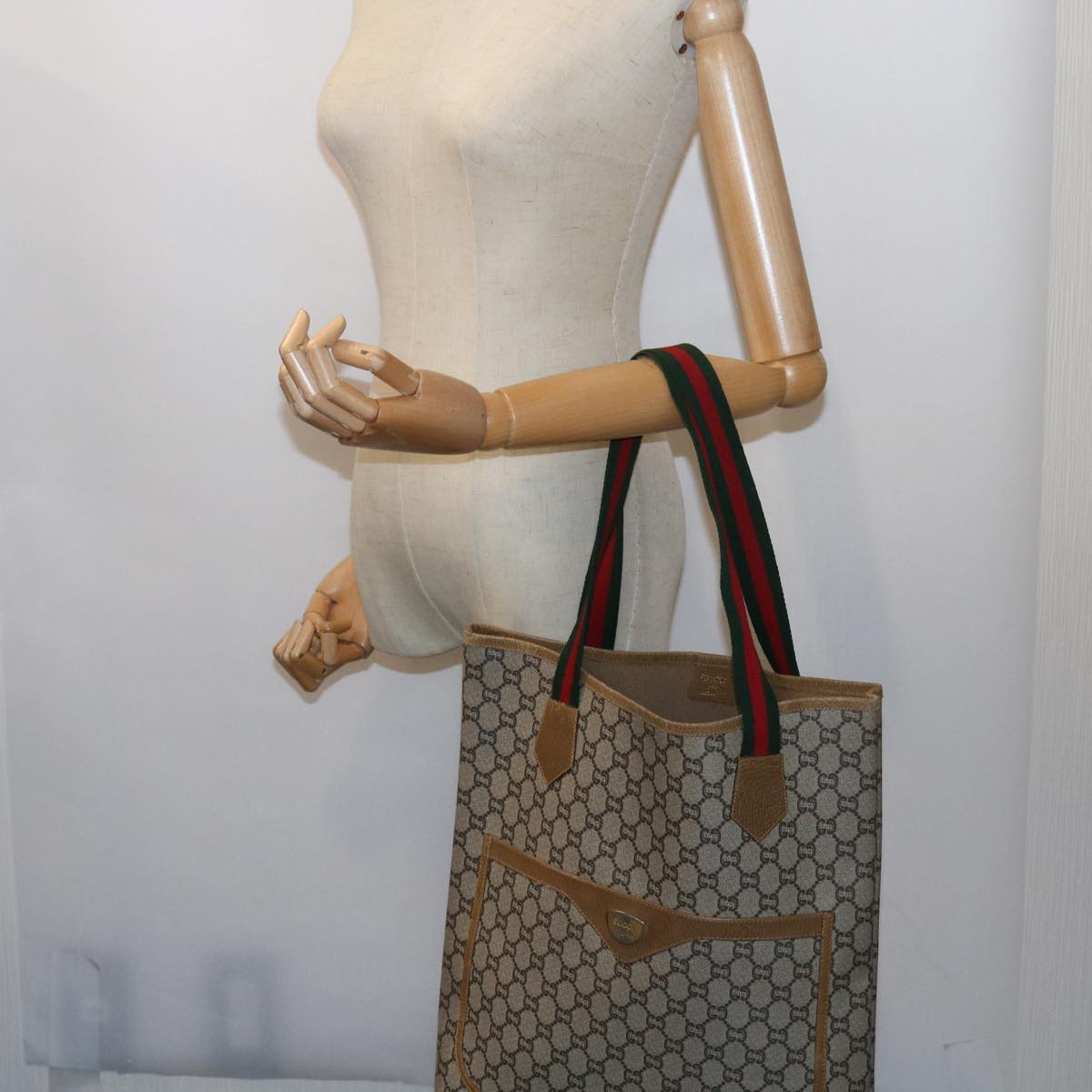GUCCI GG Plus Supreme Web Sherry Line Tote Bag Beige Red Green ep2191