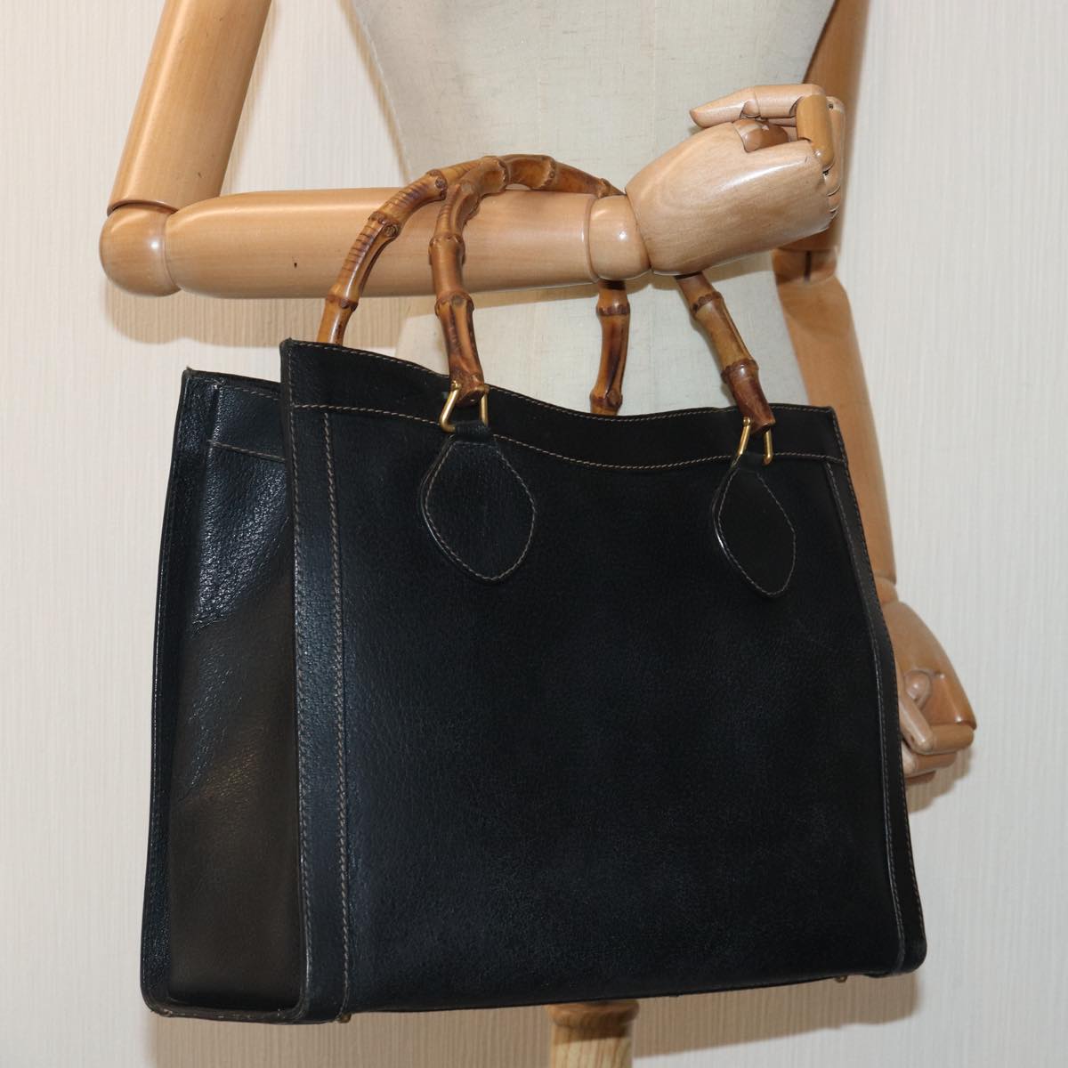 GUCCI Bamboo Hand Bag Leather Black Gold 002 123 0260 ep5446