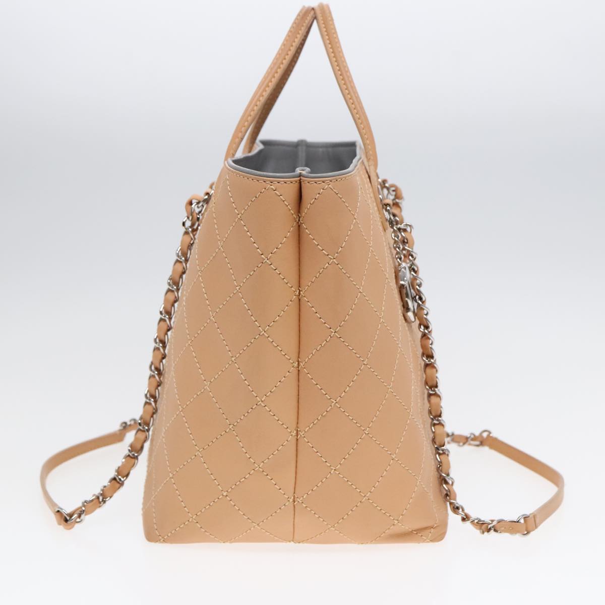 CHANEL Matelasse Chain Tote Bag Leather Beige Silver CC ep5902