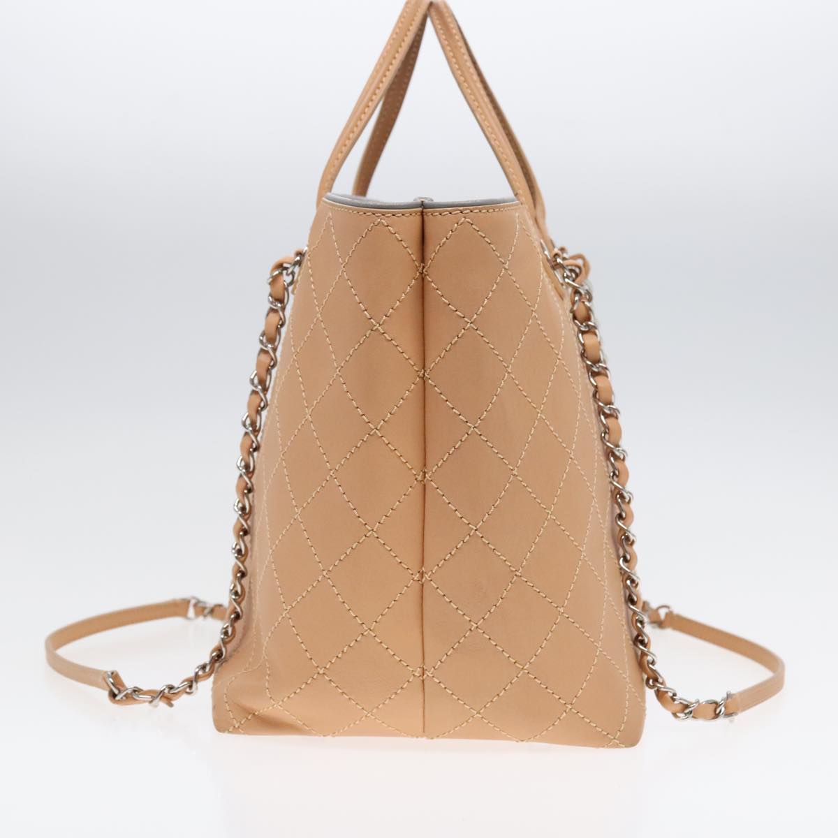 CHANEL Matelasse Chain Tote Bag Leather Beige Silver CC ep5902