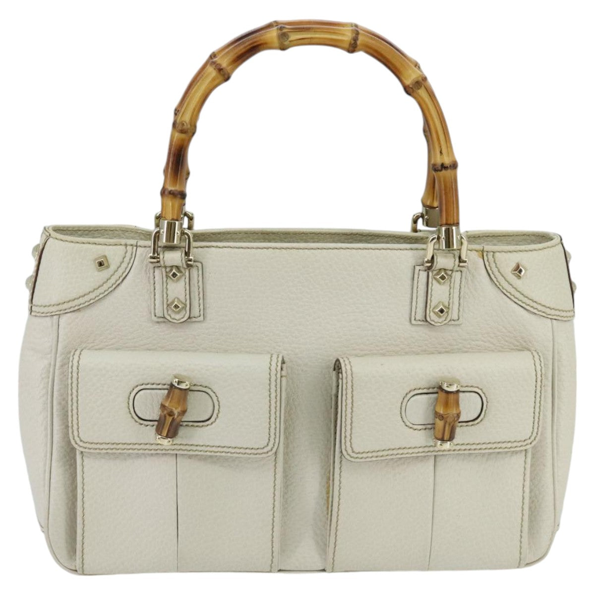 GUCCI Bamboo Hand Bag Leather White Gold 137381 ep6322