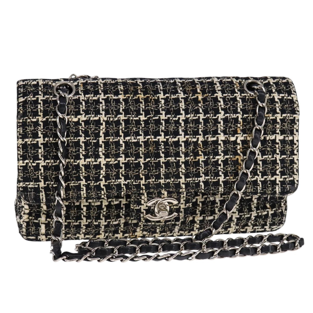 CHANEL Matelasse 25 Double Flap Chain Hand Bag Tweed Black White CC ep7107