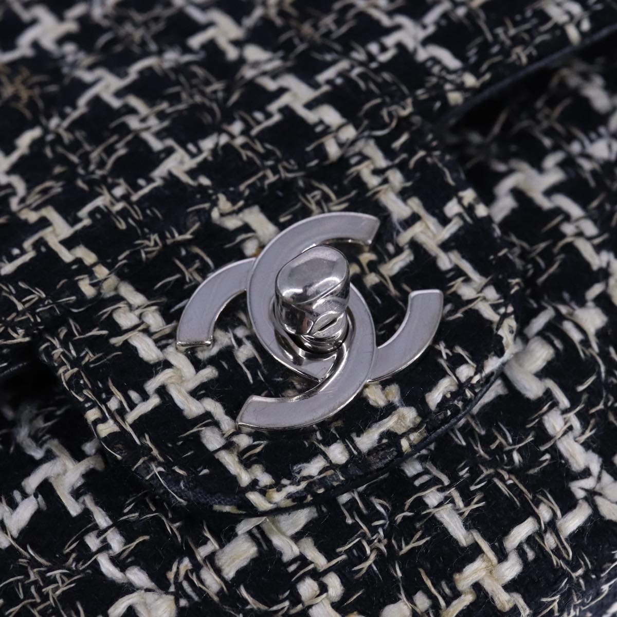 CHANEL Matelasse 25 Double Flap Chain Hand Bag Tweed Black White CC ep7107