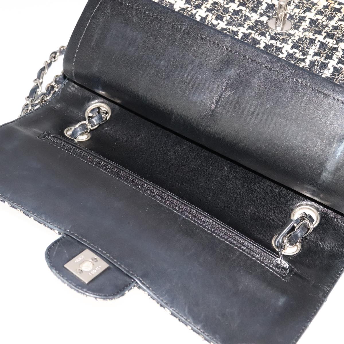 CHANEL Matelasse 25 Double Flap Chain Hand Bag Tweed Black White CC ep7107