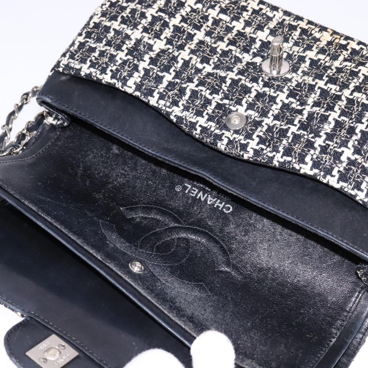 CHANEL Matelasse 25 Double Flap Chain Hand Bag Tweed Black White CC ep7107