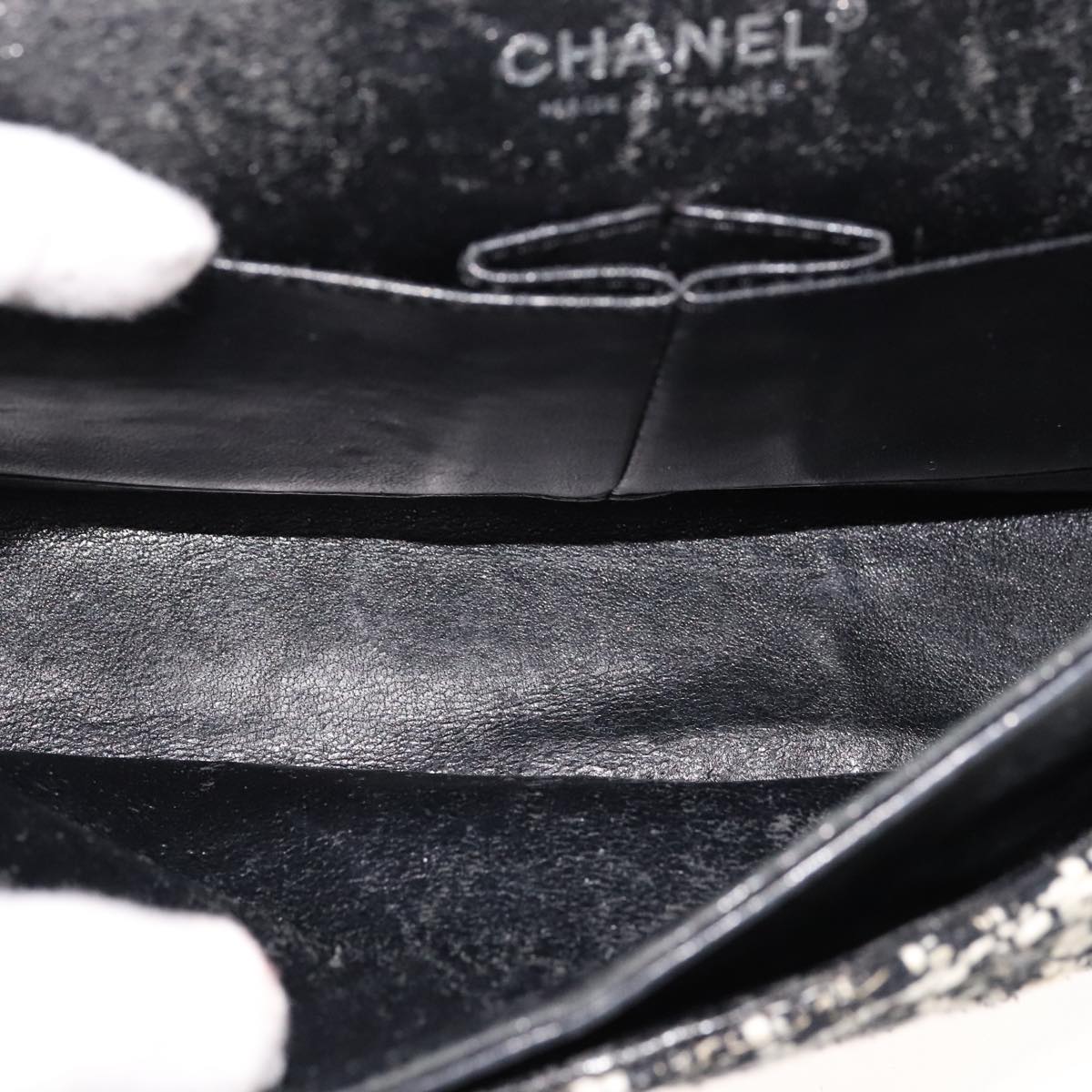 CHANEL Matelasse 25 Double Flap Chain Hand Bag Tweed Black White CC ep7107