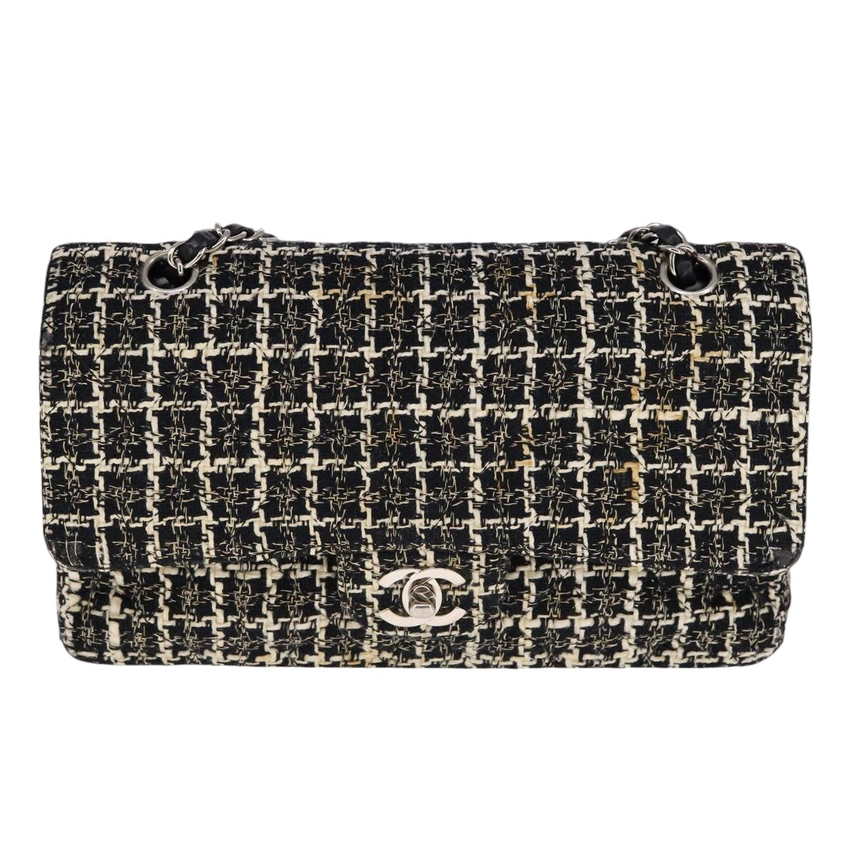 CHANEL Matelasse 25 Double Flap Chain Hand Bag Tweed Black White CC ep7107