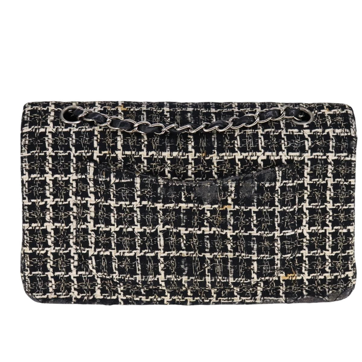 CHANEL Matelasse 25 Double Flap Chain Hand Bag Tweed Black White CC ep7107