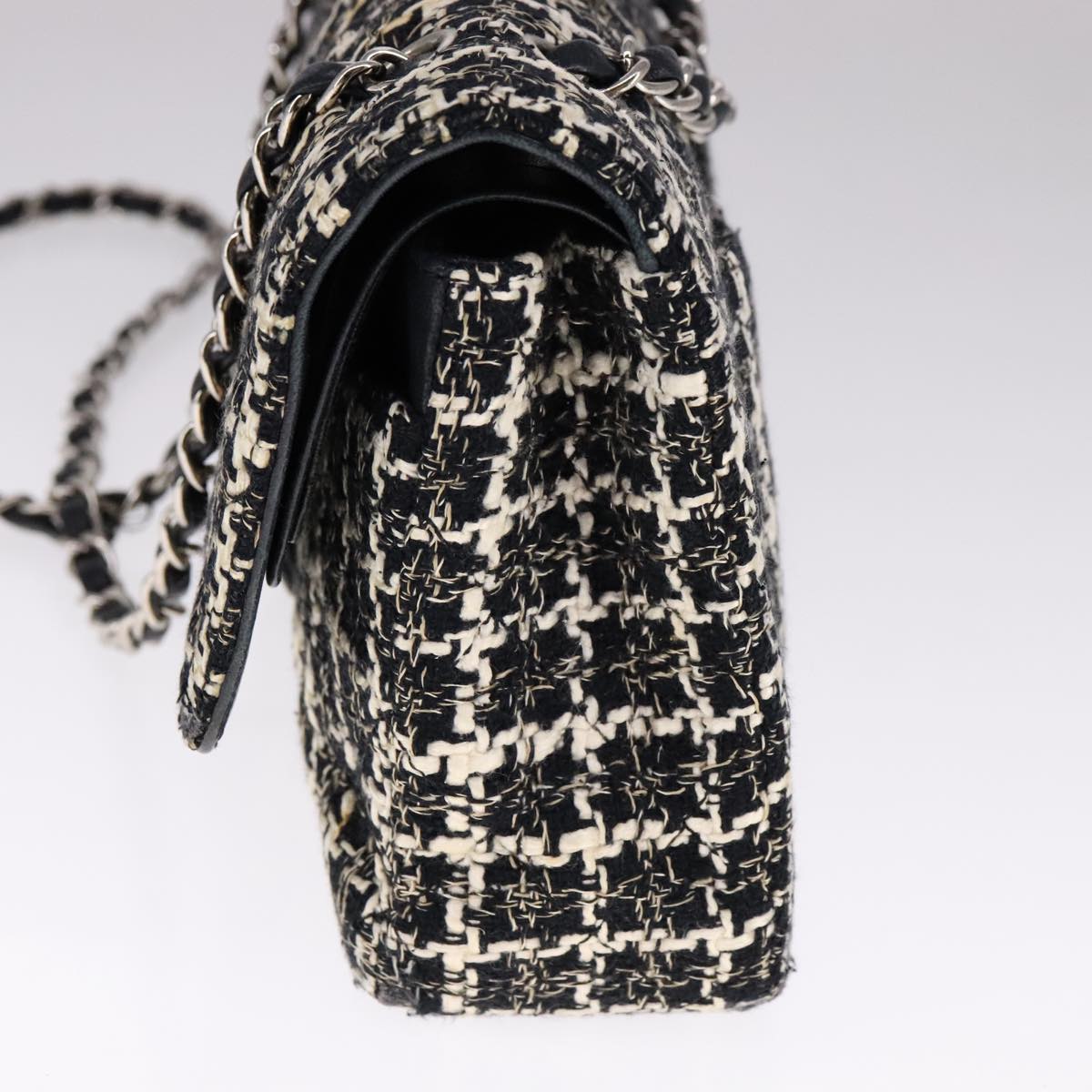 CHANEL Matelasse 25 Double Flap Chain Hand Bag Tweed Black White CC ep7107