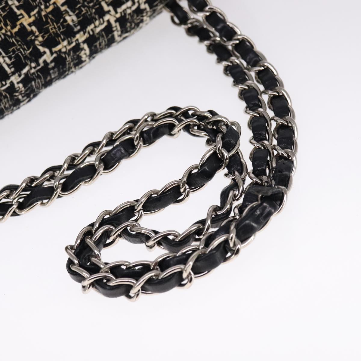 CHANEL Matelasse 25 Double Flap Chain Hand Bag Tweed Black White CC ep7107