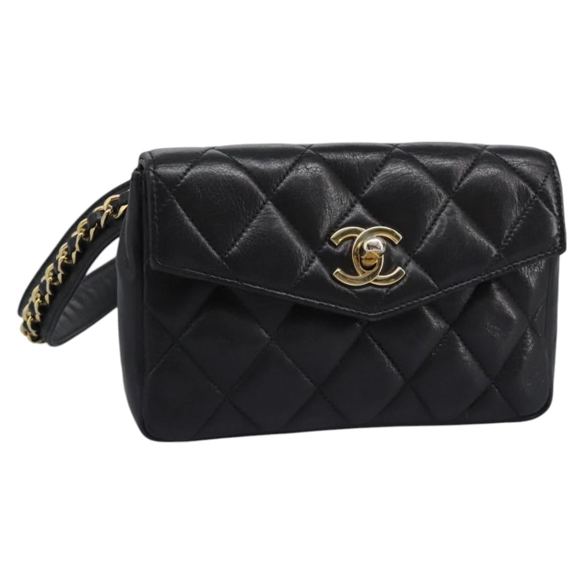 CHANEL Matelasse Chain Waist bag Lamb Skin Black Gold CC ep7397