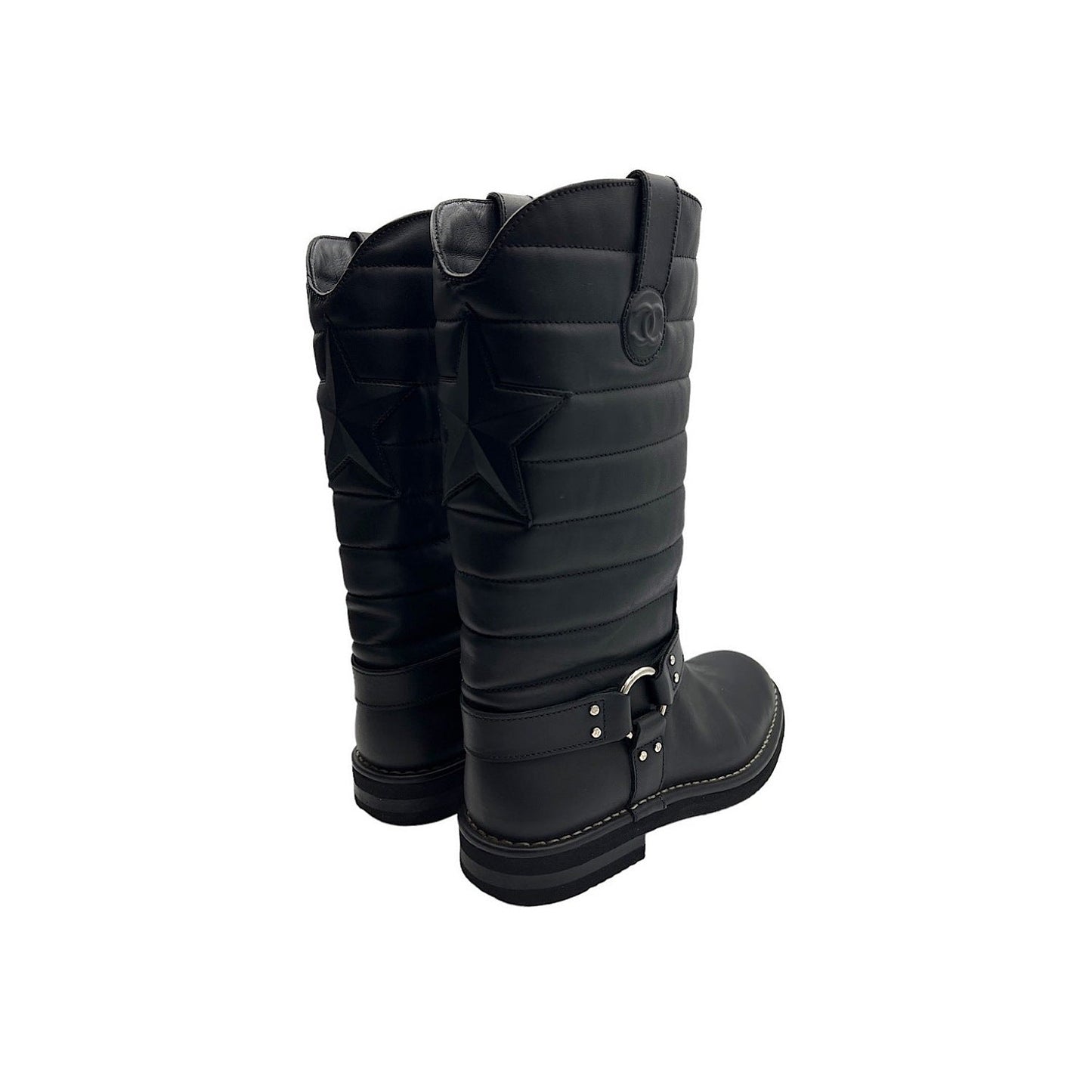 Chanel Quilted Calfskin Star Biker Boots Sz 40