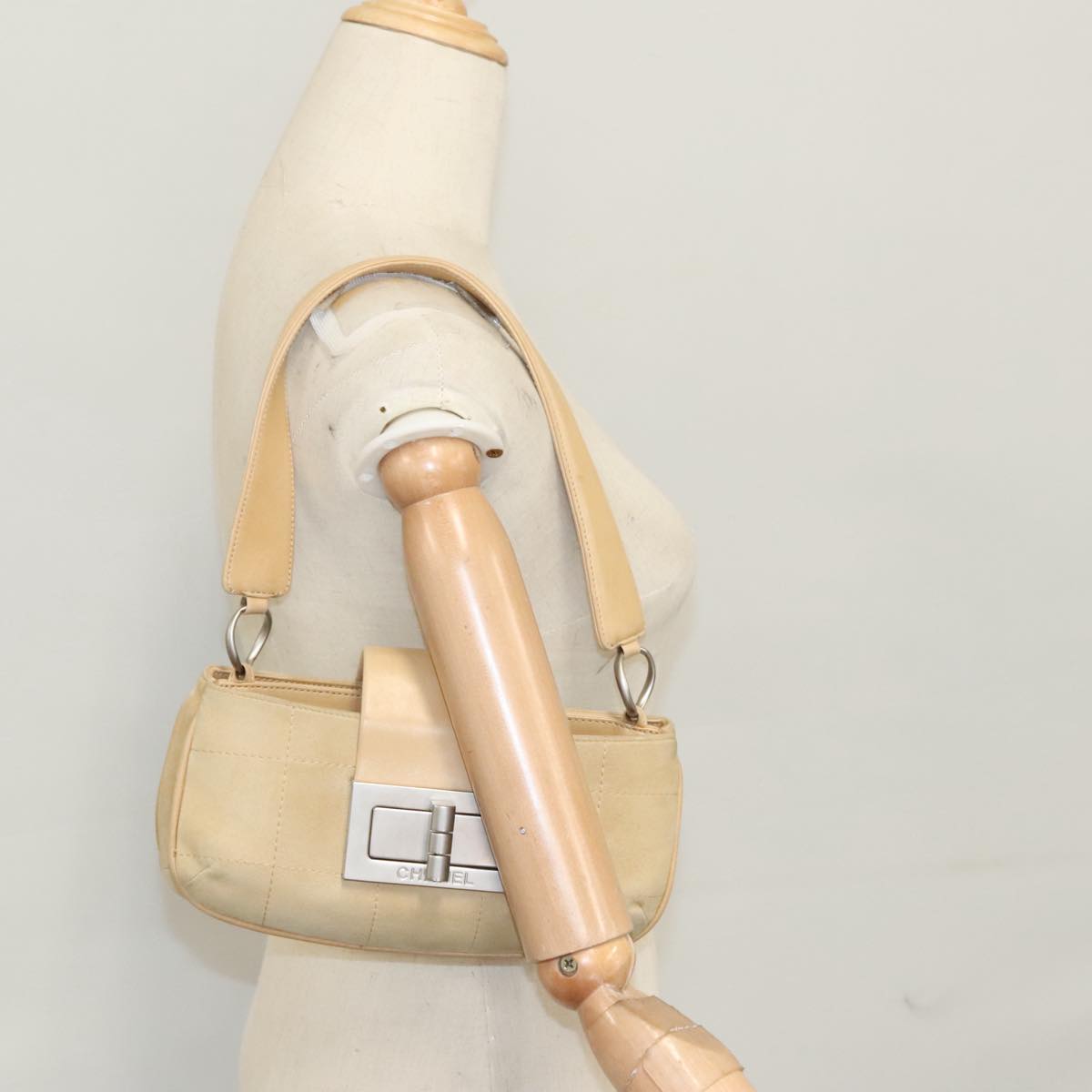 CHANEL Choco Bar line Shoulder Bag Suede Beige CC FF4152