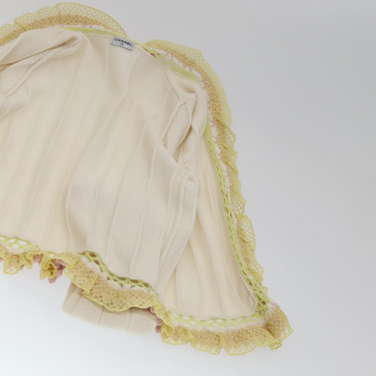 CHANEL Cardigan Wool White Pink yellow CC FF4876