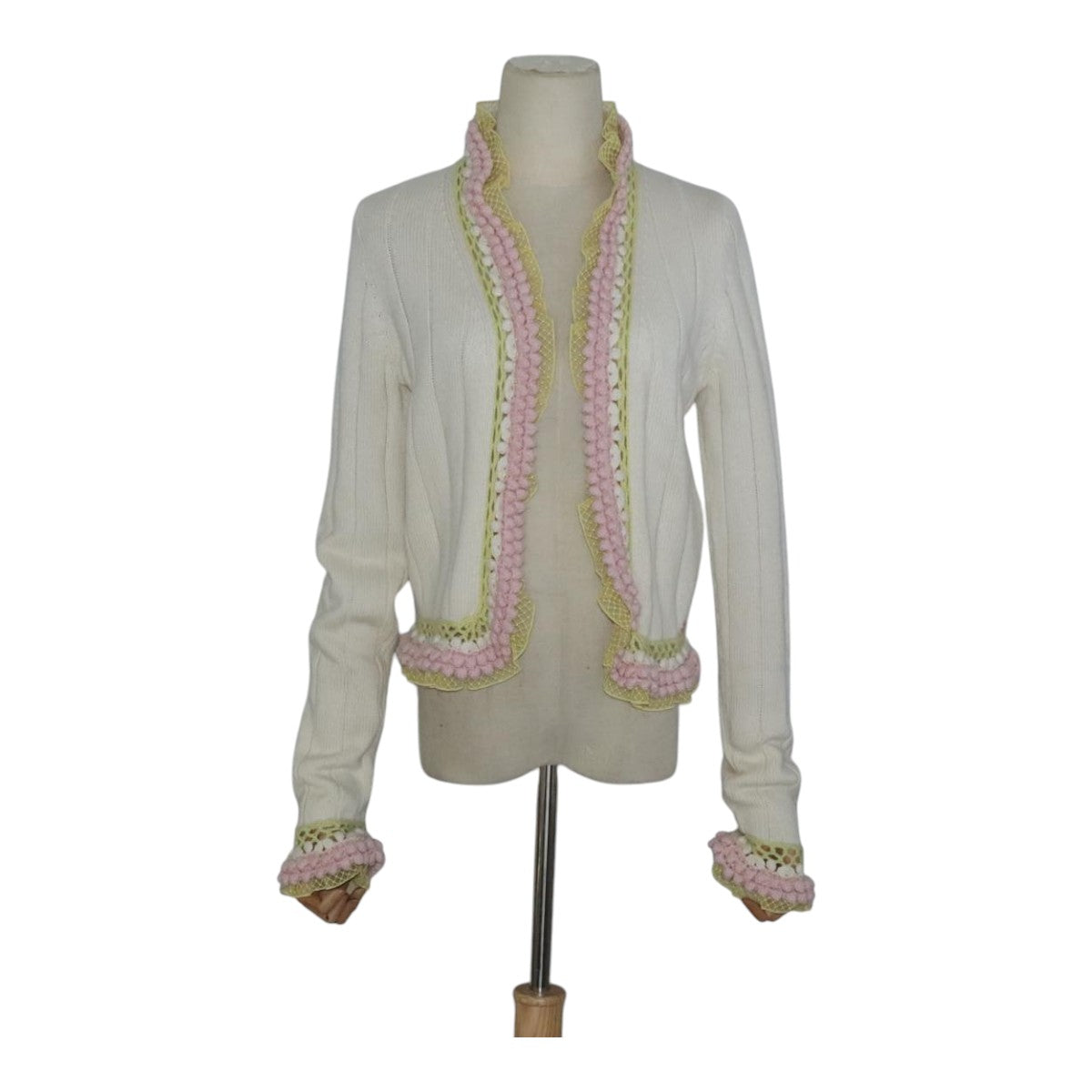CHANEL Cardigan Wool White Pink yellow CC FF4876