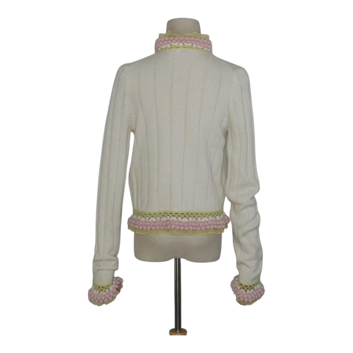 CHANEL Cardigan Wool White Pink yellow CC FF4876