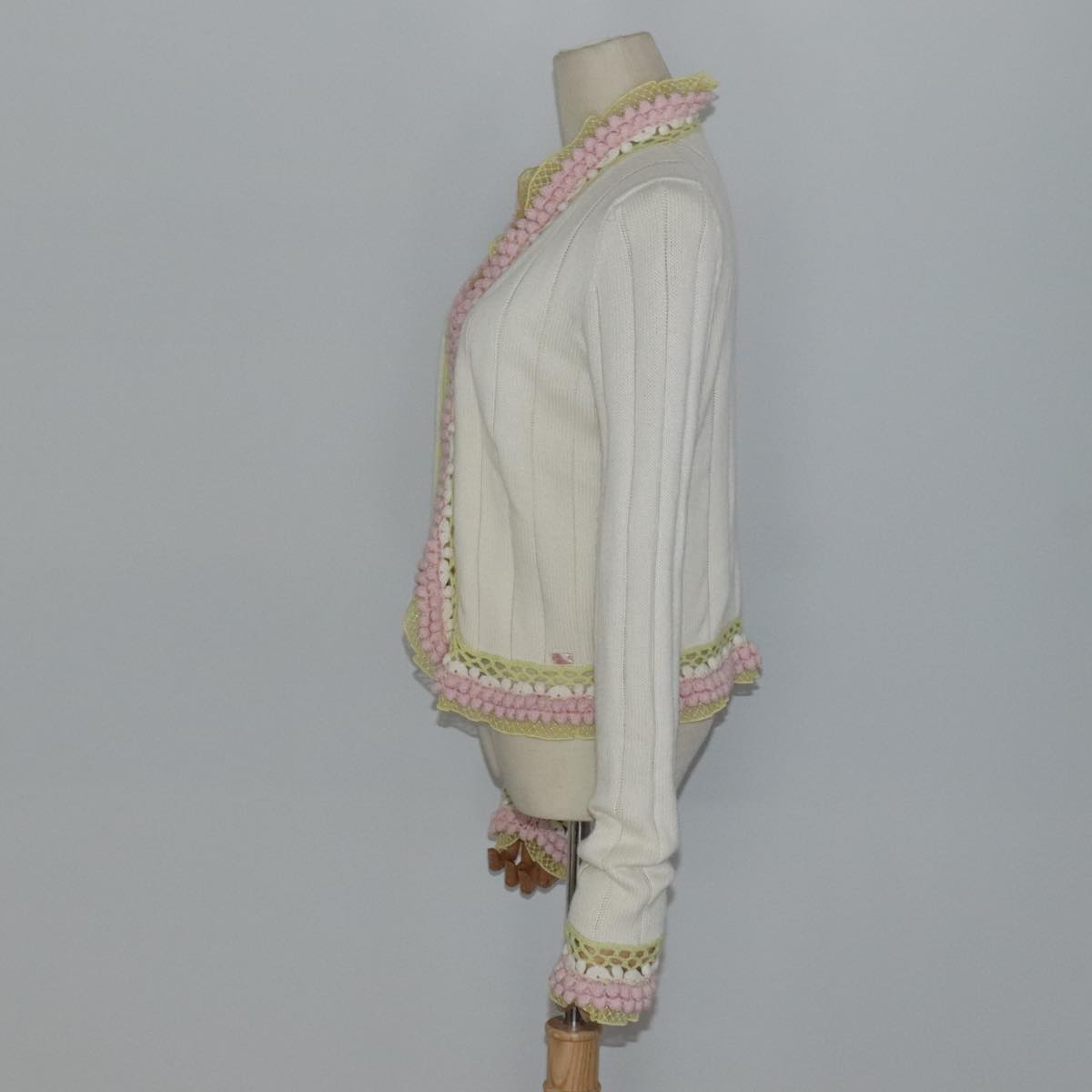 CHANEL Cardigan Wool White Pink yellow CC FF4876
