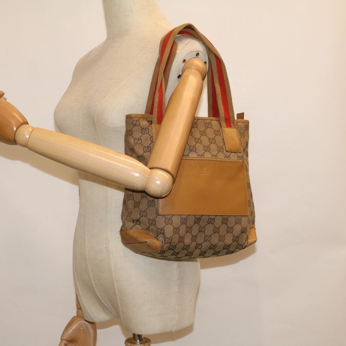 GUCCI GG Canvas Sherry Line Tote Bag Beige Orange fm2946