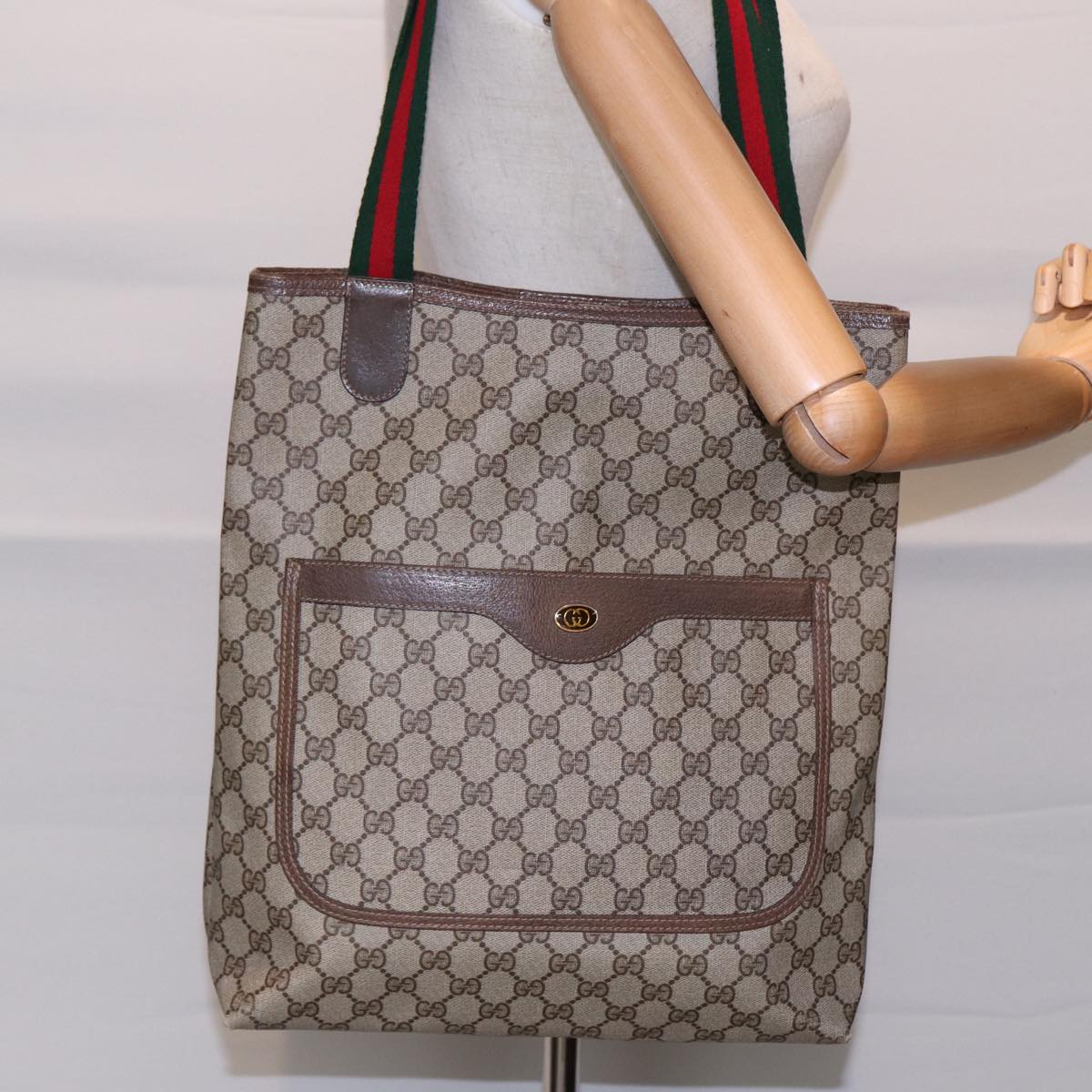 GUCCI GG Supreme Web Sherry Line Tote Bag PVC Beige 39 02 003 fm3734