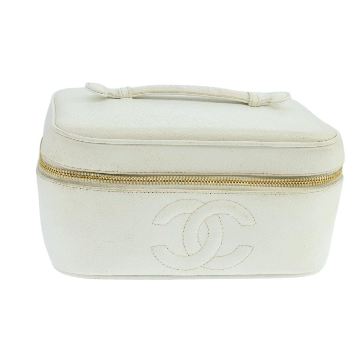 CHANEL Vanity Pouch Caviar Skin White Gold CC fm4190