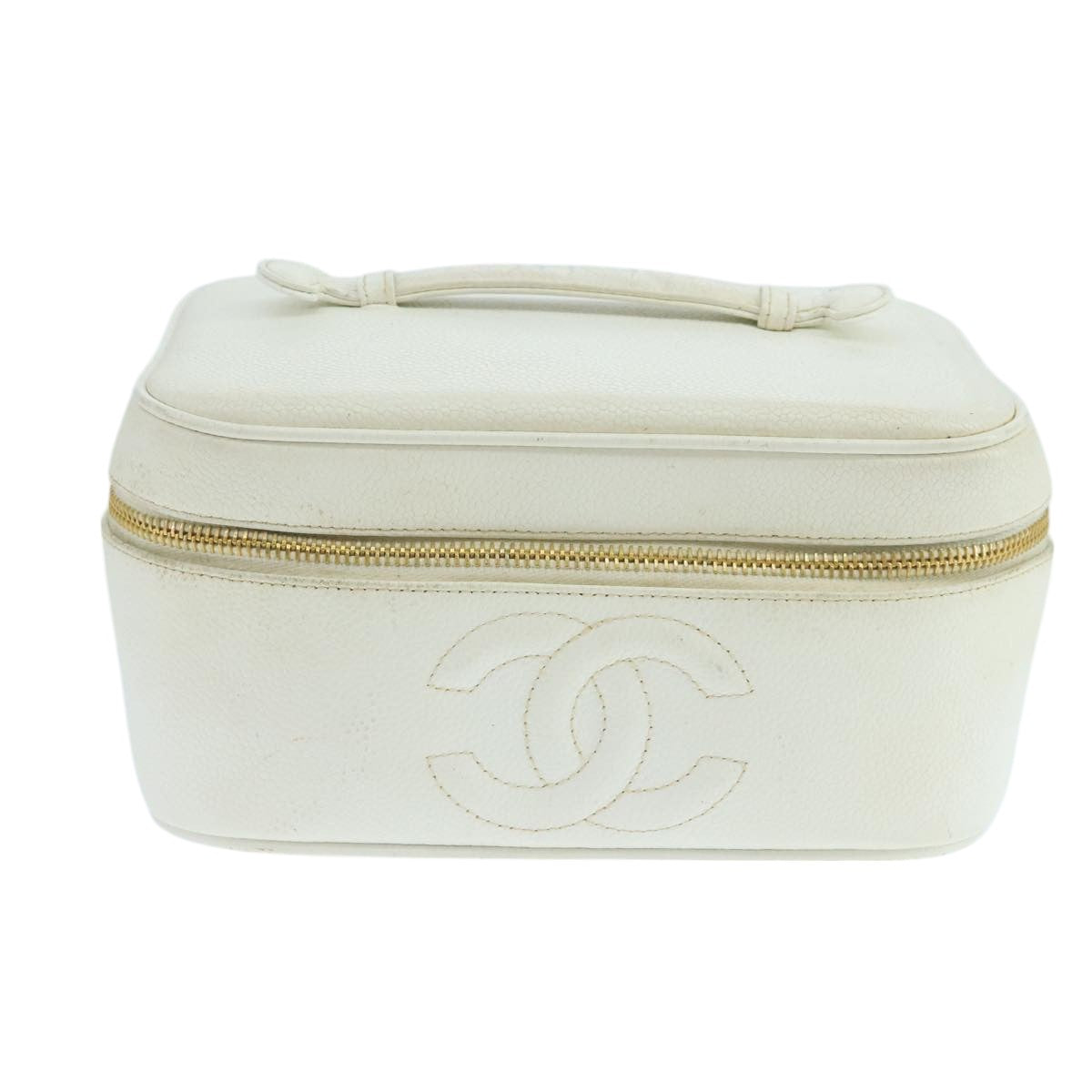 CHANEL Vanity Pouch Caviar Skin White Gold CC fm4190