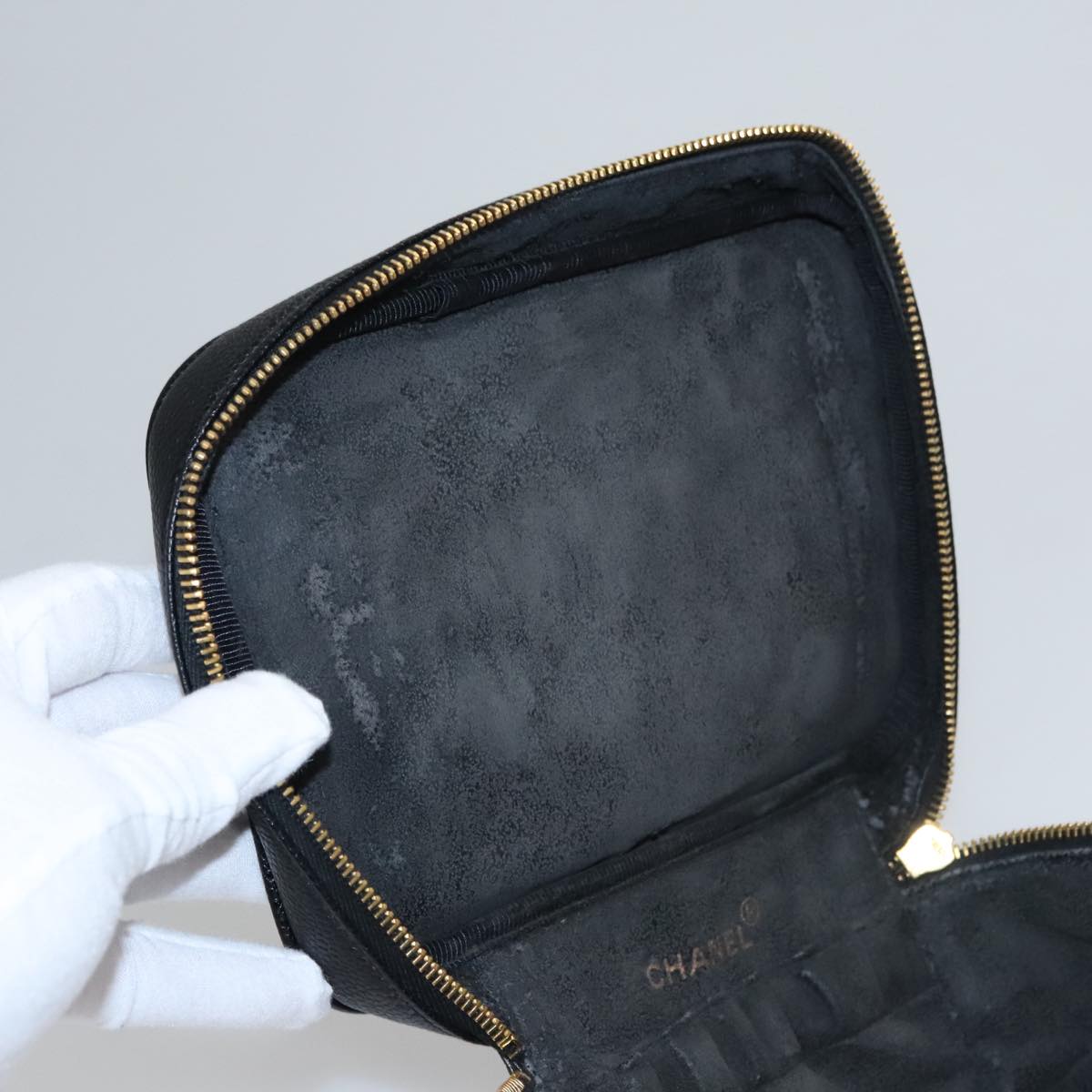 CHANEL Bicolore Vanity Cosmetic Pouch Caviar Skin Black Gold CC fm4250