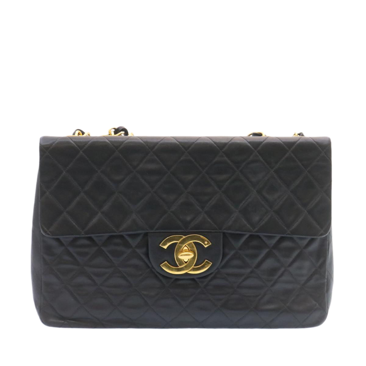 CHANEL Big Matelasse Flap Chain Shoulder Bag Lamb Skin Black Gold am1276gA