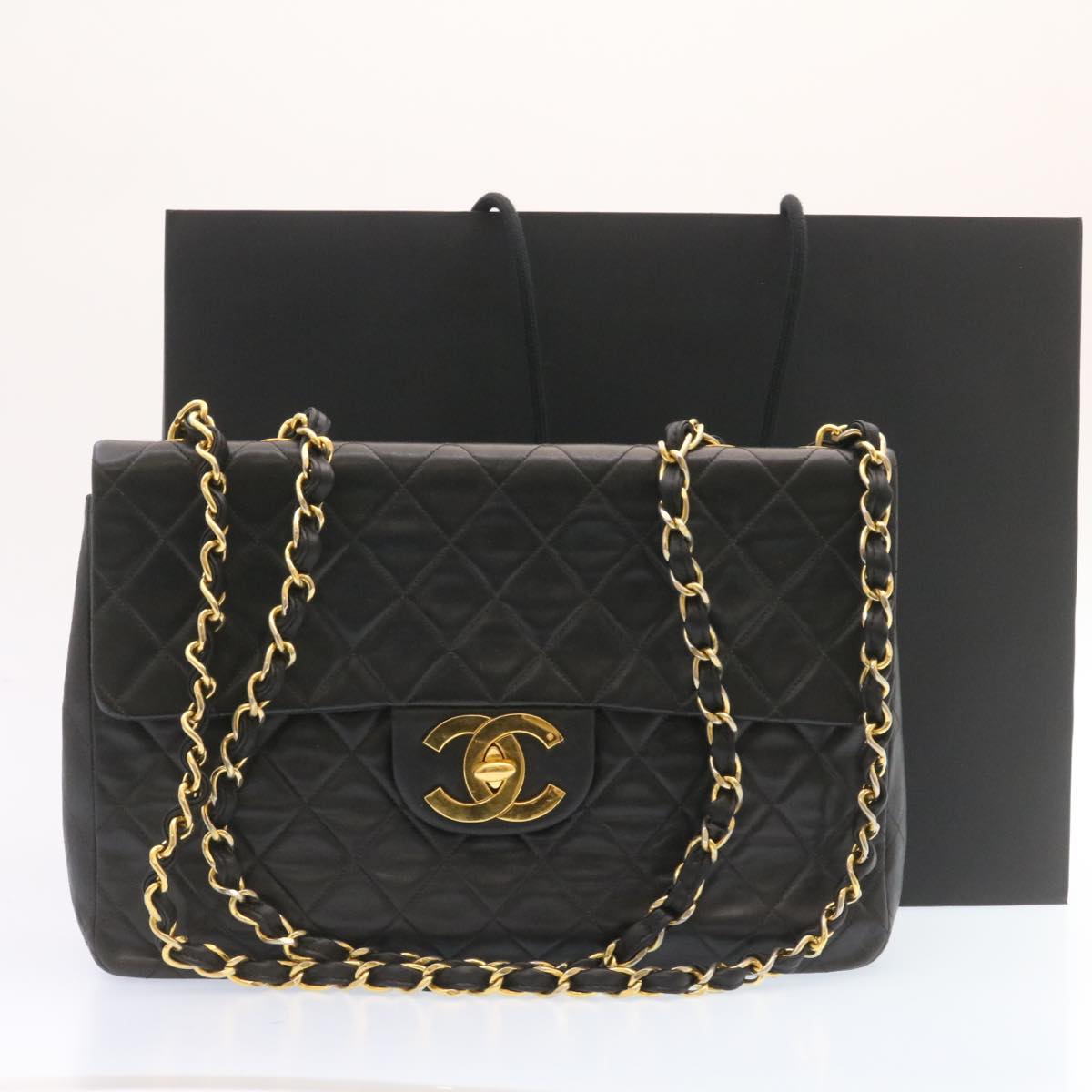 CHANEL Big Matelasse Flap Chain Shoulder Bag Lamb Skin Black Gold am1276gA