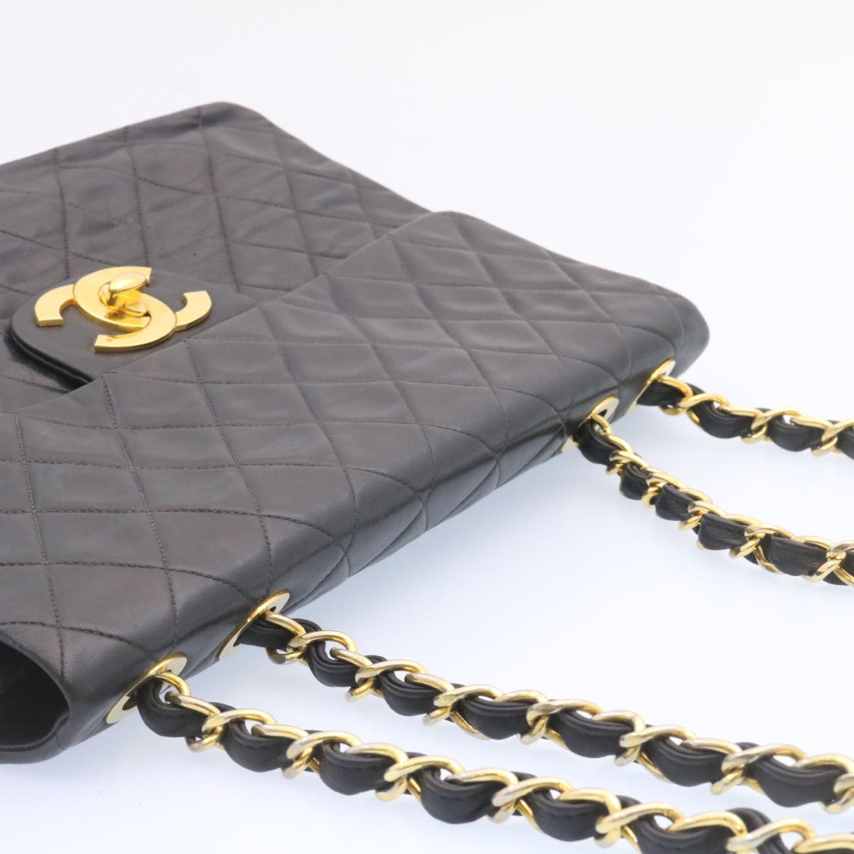 CHANEL Big Matelasse Flap Chain Shoulder Bag Lamb Skin Black Gold am1276gA