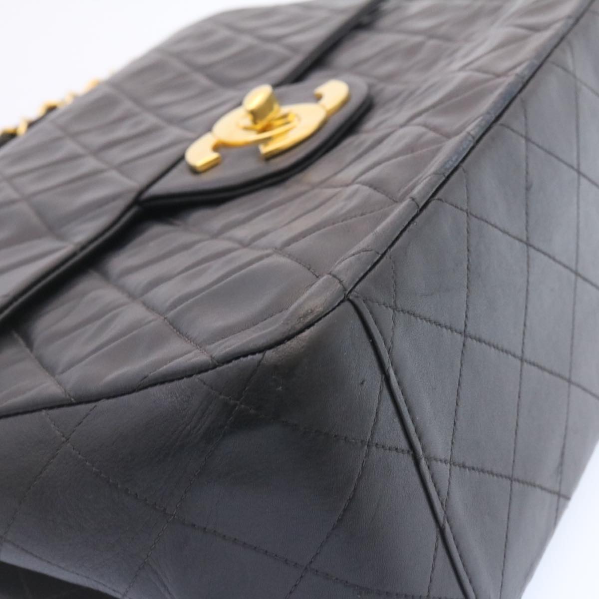 CHANEL Big Matelasse Flap Chain Shoulder Bag Lamb Skin Black Gold am1276gA