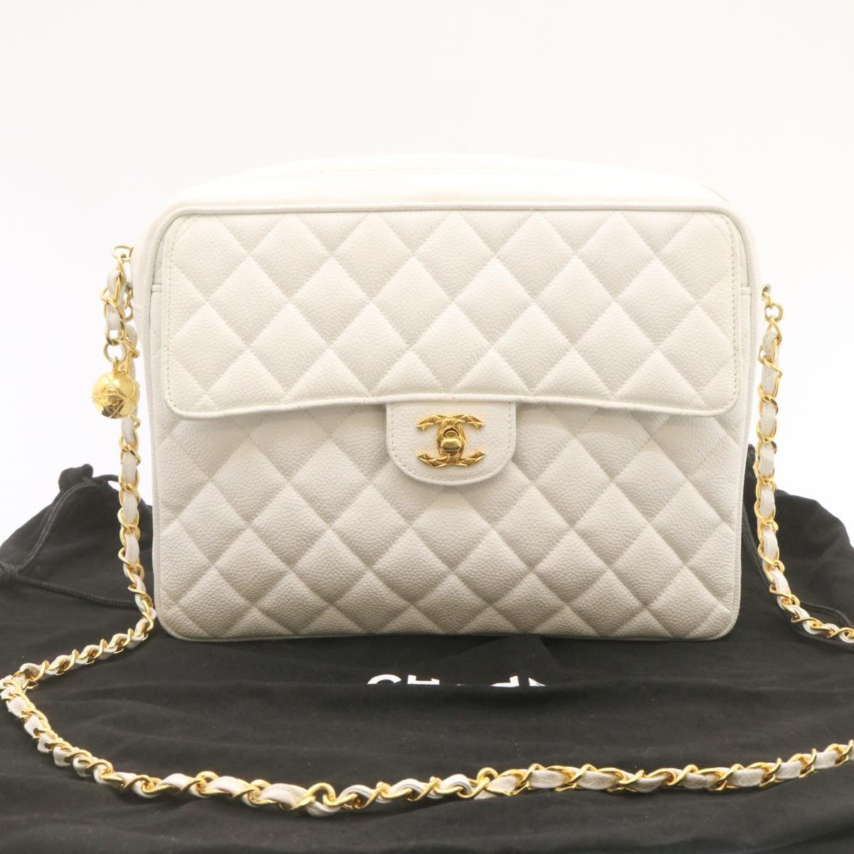 CHANEL Matelasse Chain Shoulder Bag Caviar Skin Gold White CC am1370gA