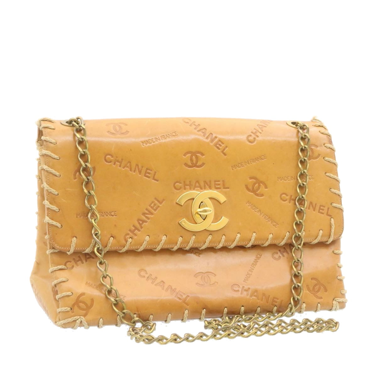 CHANEL Raffia Chain Flap Shoulder Bag Leather Beige CC am1414gA