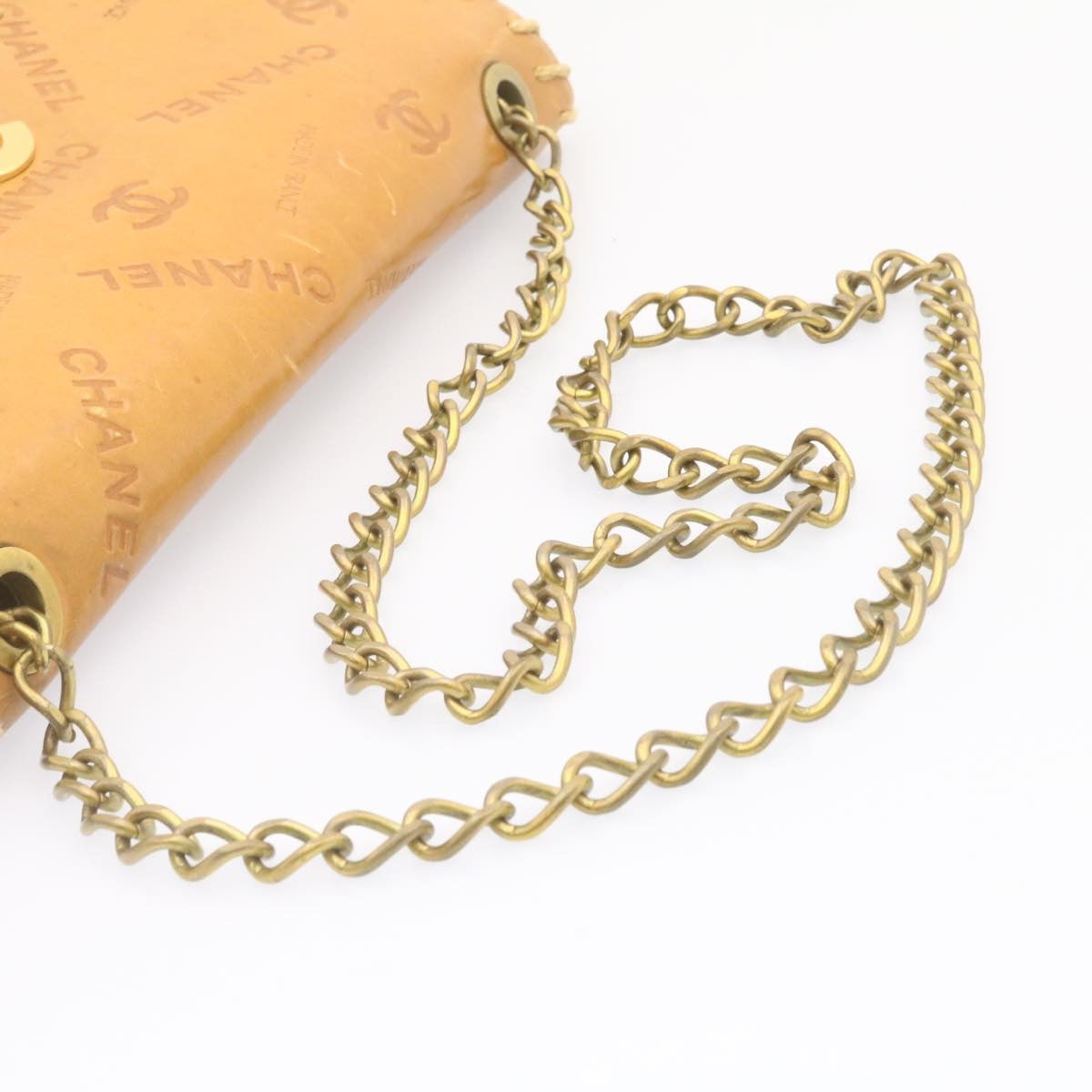 CHANEL Raffia Chain Flap Shoulder Bag Leather Beige CC am1414gA