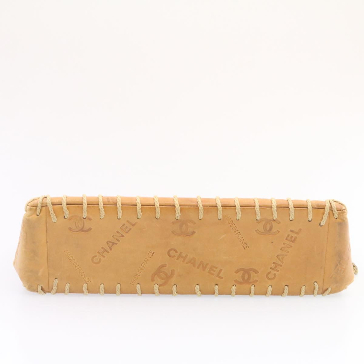 CHANEL Raffia Chain Flap Shoulder Bag Leather Beige CC am1414gA