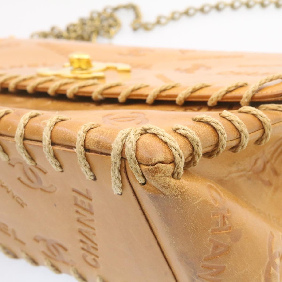 CHANEL Raffia Chain Flap Shoulder Bag Leather Beige CC am1414gA