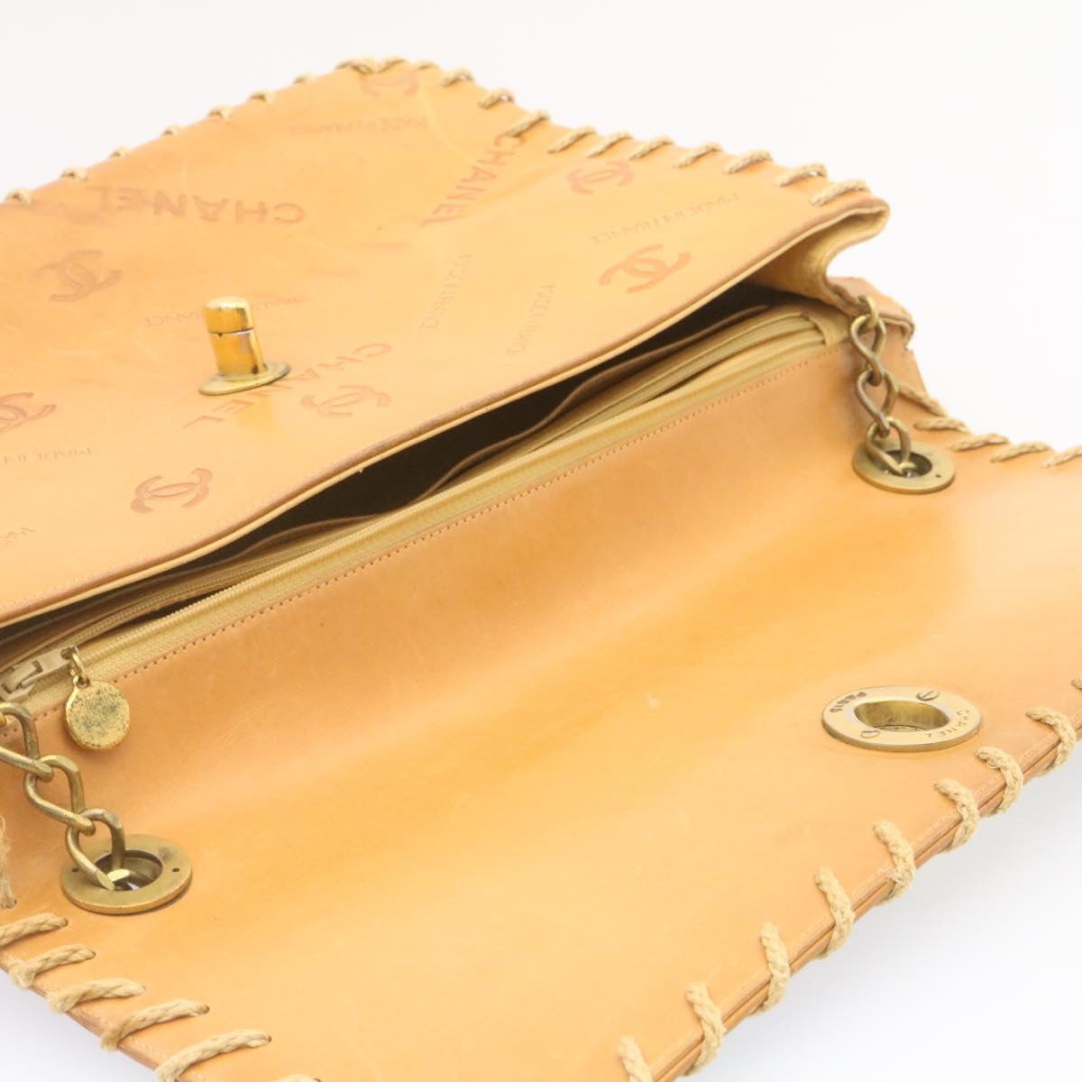 CHANEL Raffia Chain Flap Shoulder Bag Leather Beige CC am1414gA