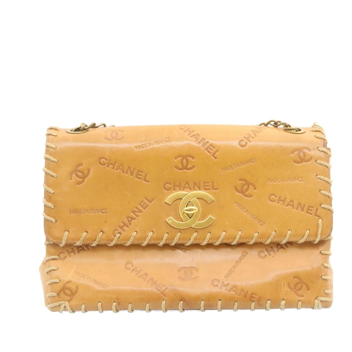 CHANEL Raffia Chain Flap Shoulder Bag Leather Beige CC am1414gA