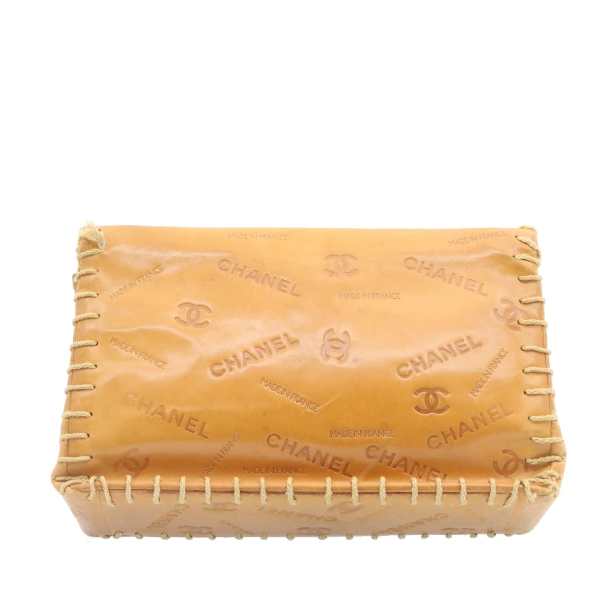 CHANEL Raffia Chain Flap Shoulder Bag Leather Beige CC am1414gA