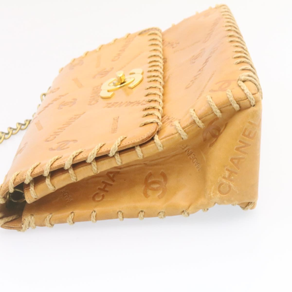CHANEL Raffia Chain Flap Shoulder Bag Leather Beige CC am1414gA
