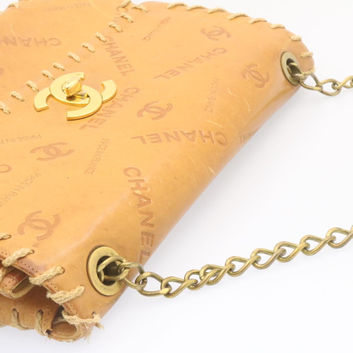 CHANEL Raffia Chain Flap Shoulder Bag Leather Beige CC am1414gA
