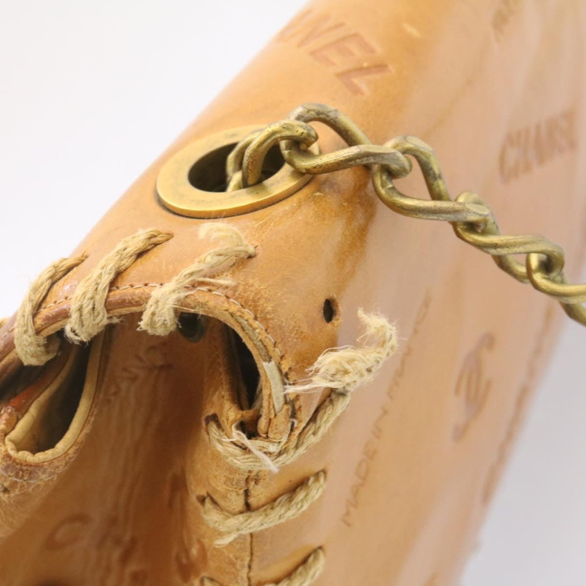 CHANEL Raffia Chain Flap Shoulder Bag Leather Beige CC am1414gA