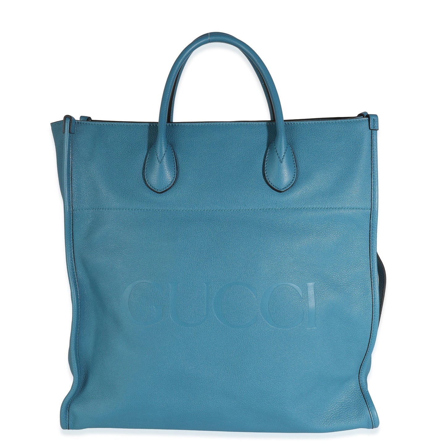 Gucci Blue Leather Logo Embossed Shopper Tote