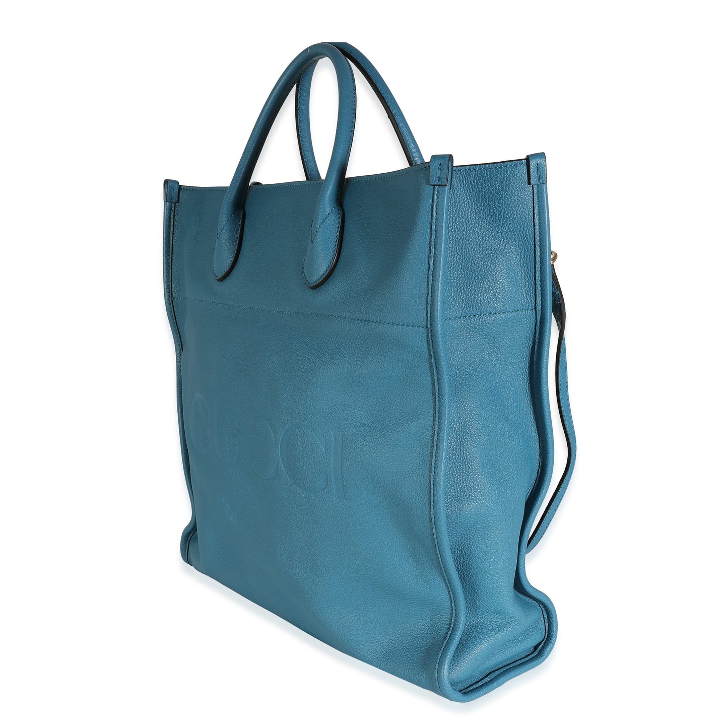 Gucci Blue Leather Logo Embossed Shopper Tote