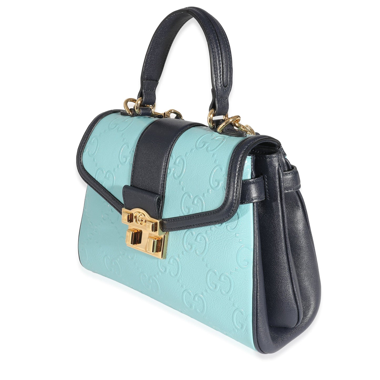 Gucci Blue Wonka Grain Calfskin GG Monogram Top Handle Bag