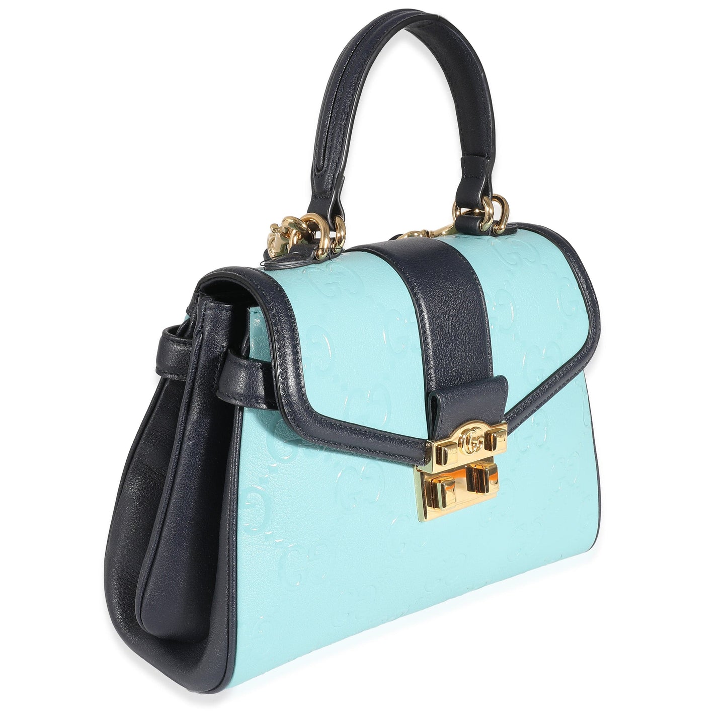 Gucci Blue Wonka Grain Calfskin GG Monogram Top Handle Bag